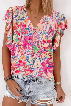 🌸 Ruffled Printed Tie Neck Cap Sleeve Blouse 🌸