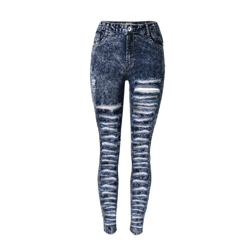 2016 New Summer Autumn Women's High Waist Ripped Jeans Individuality Summer Style Hole Black Hollow Out Tight Pencil Pants