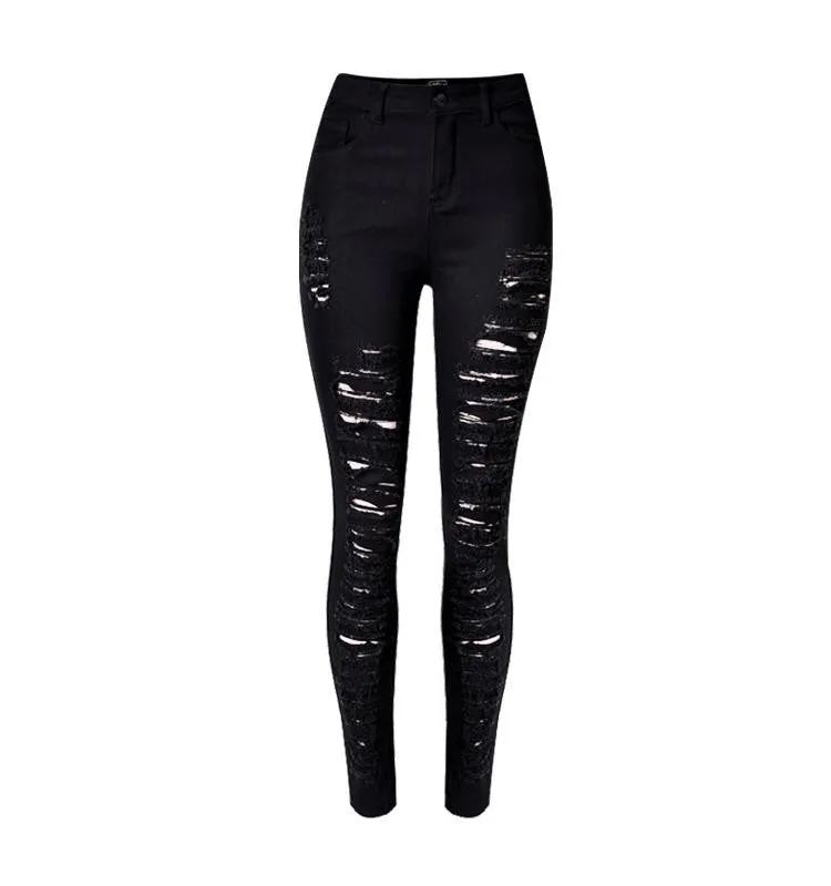 2016 New Summer Autumn Women's High Waist Ripped Jeans Individuality Summer Style Hole Black Hollow Out Tight Pencil Pants