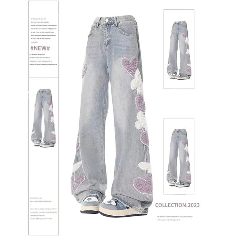 Aiertu Women Jeans with Heart Vintage Y2k 90s Aesthetic Baggy Denim Trouser 2000s Harajuku Kawaii Wide Cowboy Pants Trashy Clothes