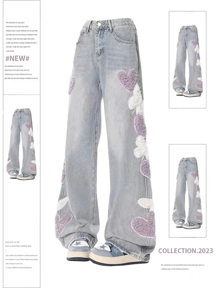 Aiertu Women Jeans with Heart Vintage Y2k 90s Aesthetic Baggy Denim Trouser 2000s Harajuku Kawaii Wide Cowboy Pants Trashy Clothes