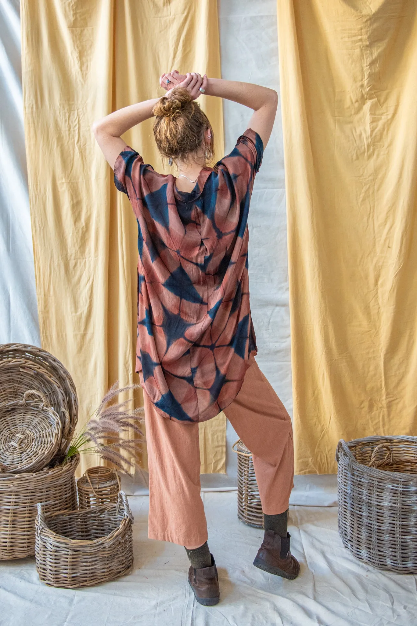 Ajrakh Clamp Dyed Modal Silk Oversized Shirt Blush Geometric