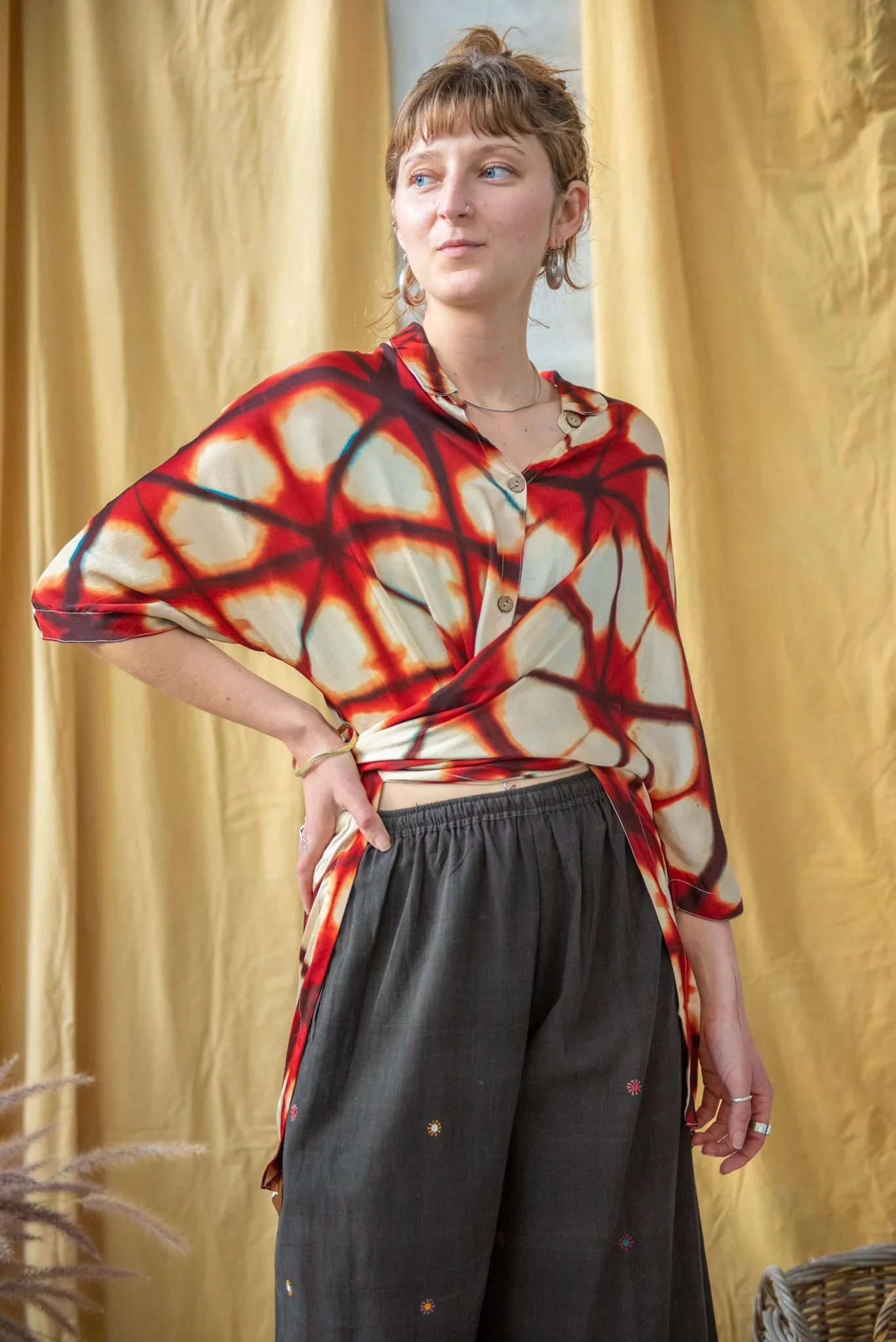 Ajrakh Clamp Dyed Modal Silk Oversized Shirt Fire Red on Natural