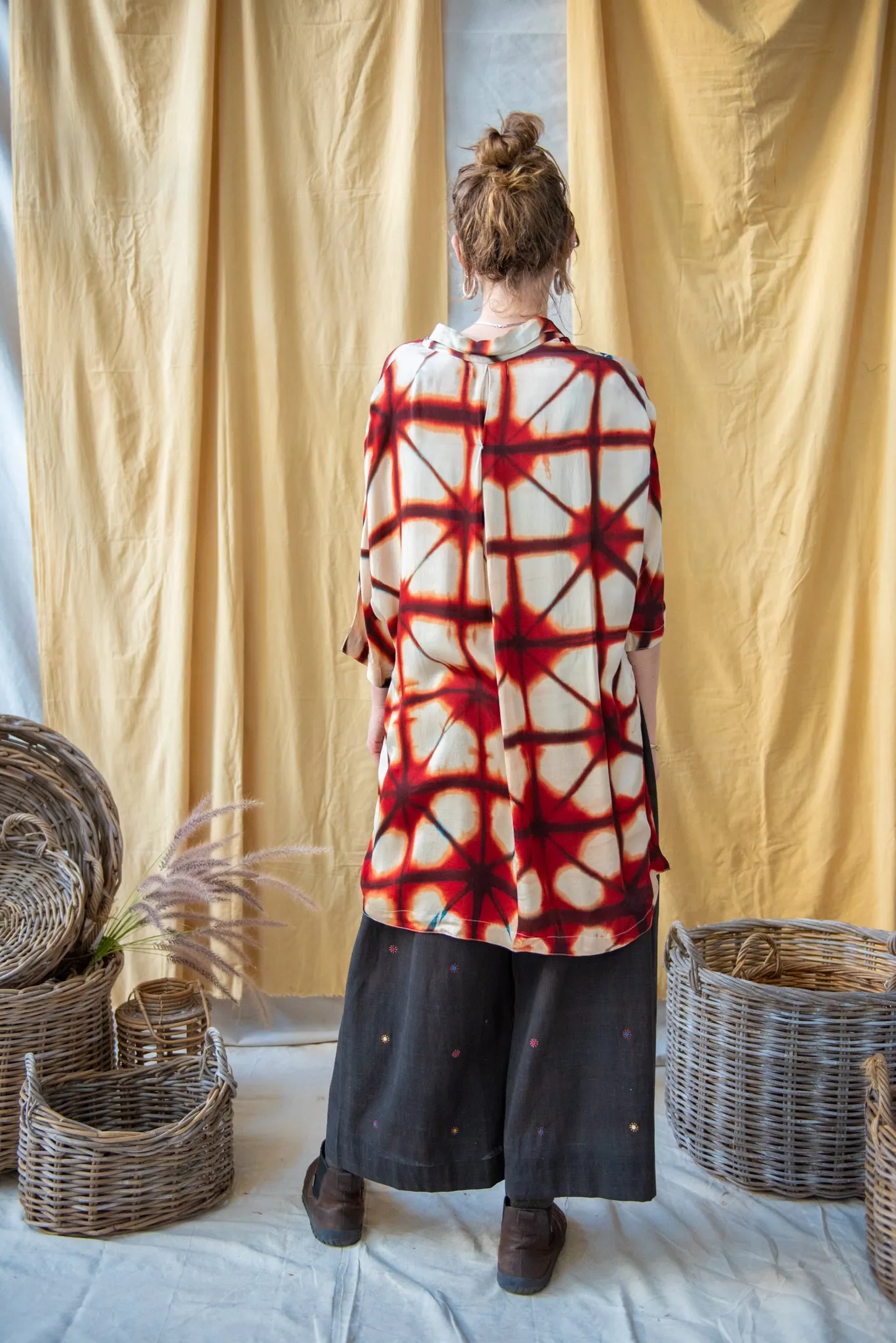 Ajrakh Clamp Dyed Modal Silk Oversized Shirt Fire Red on Natural