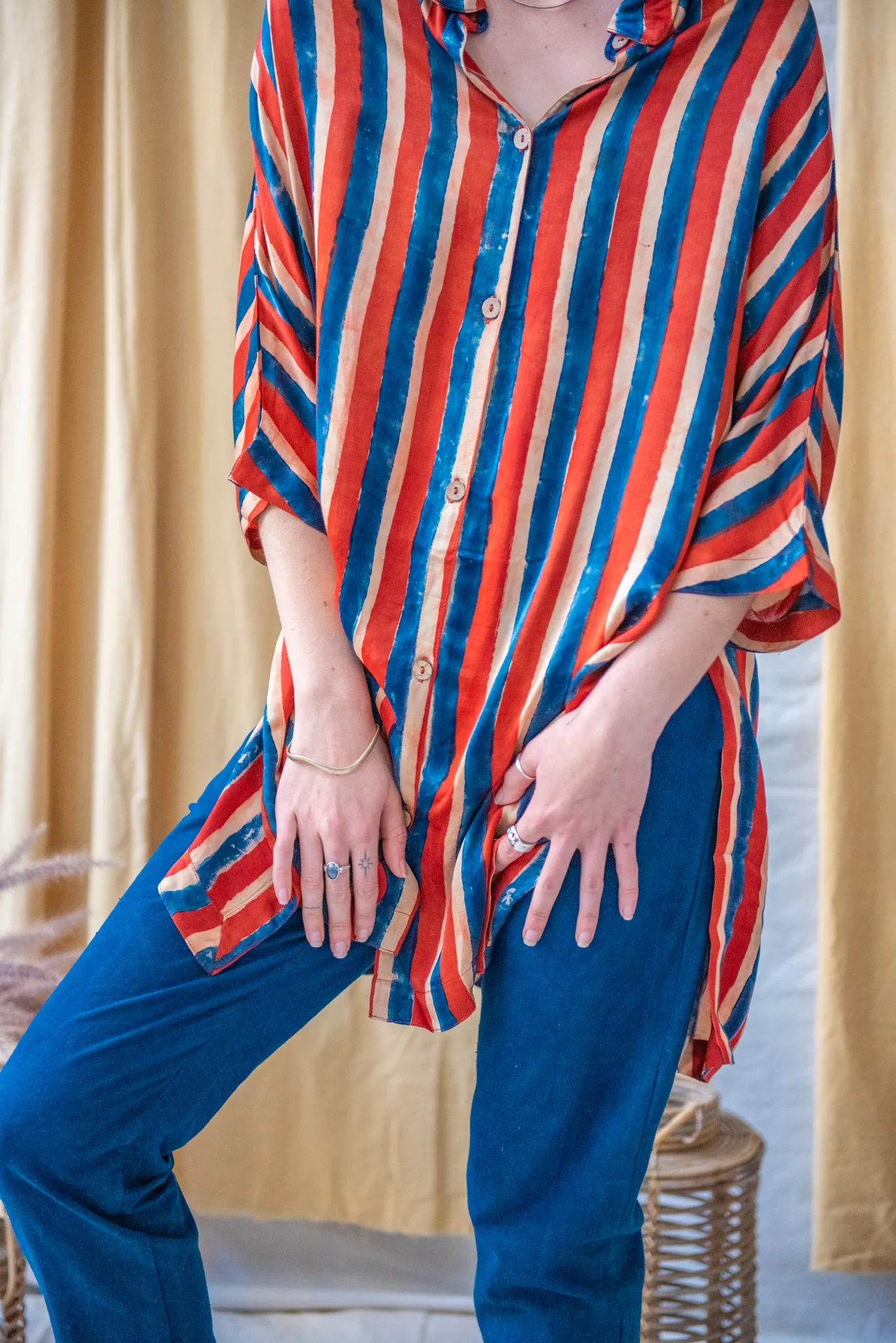 Ajrakh Clamp Dyed Modal Silk Oversized Shirt French Stripe