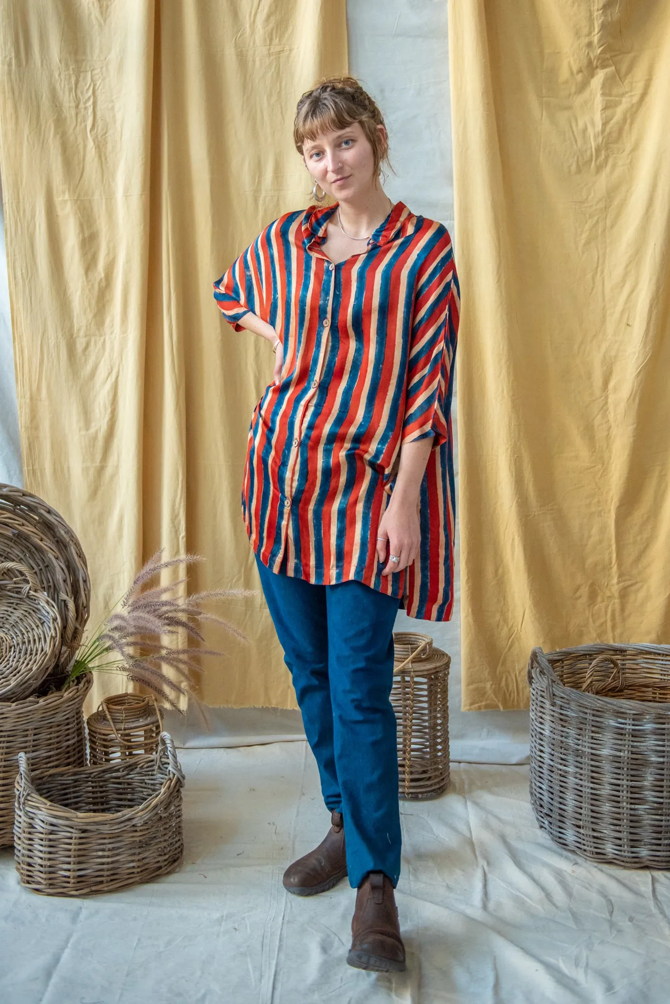 Ajrakh Clamp Dyed Modal Silk Oversized Shirt French Stripe