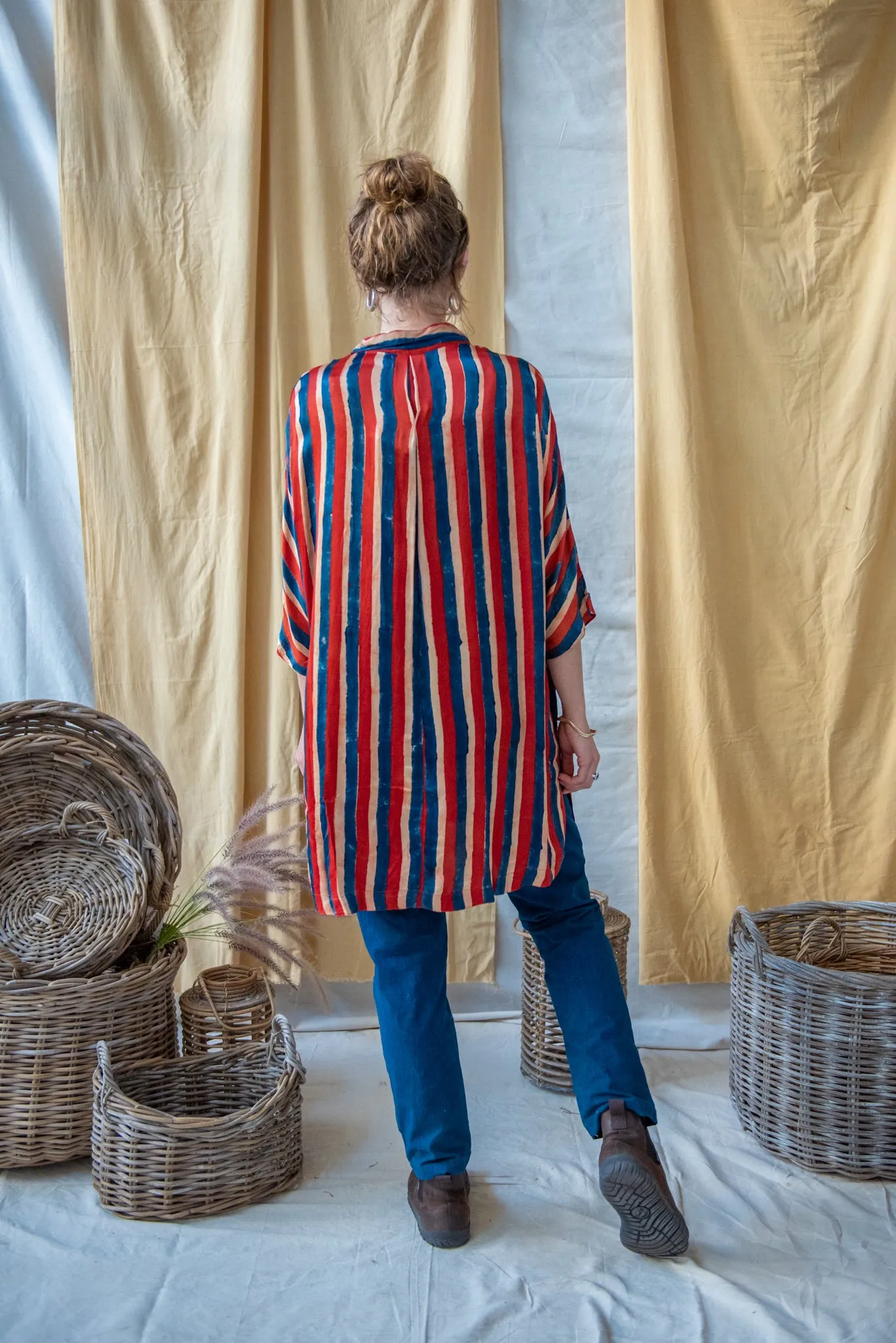 Ajrakh Clamp Dyed Modal Silk Oversized Shirt French Stripe