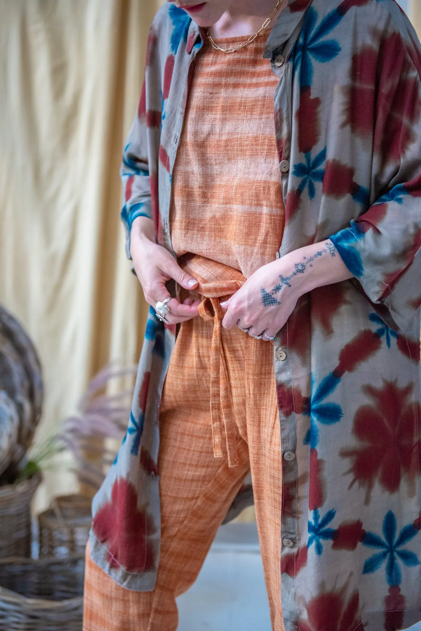 Ajrakh Clamp Dyed Modal Silk Oversized Shirt Teal and rust Flower on Sage