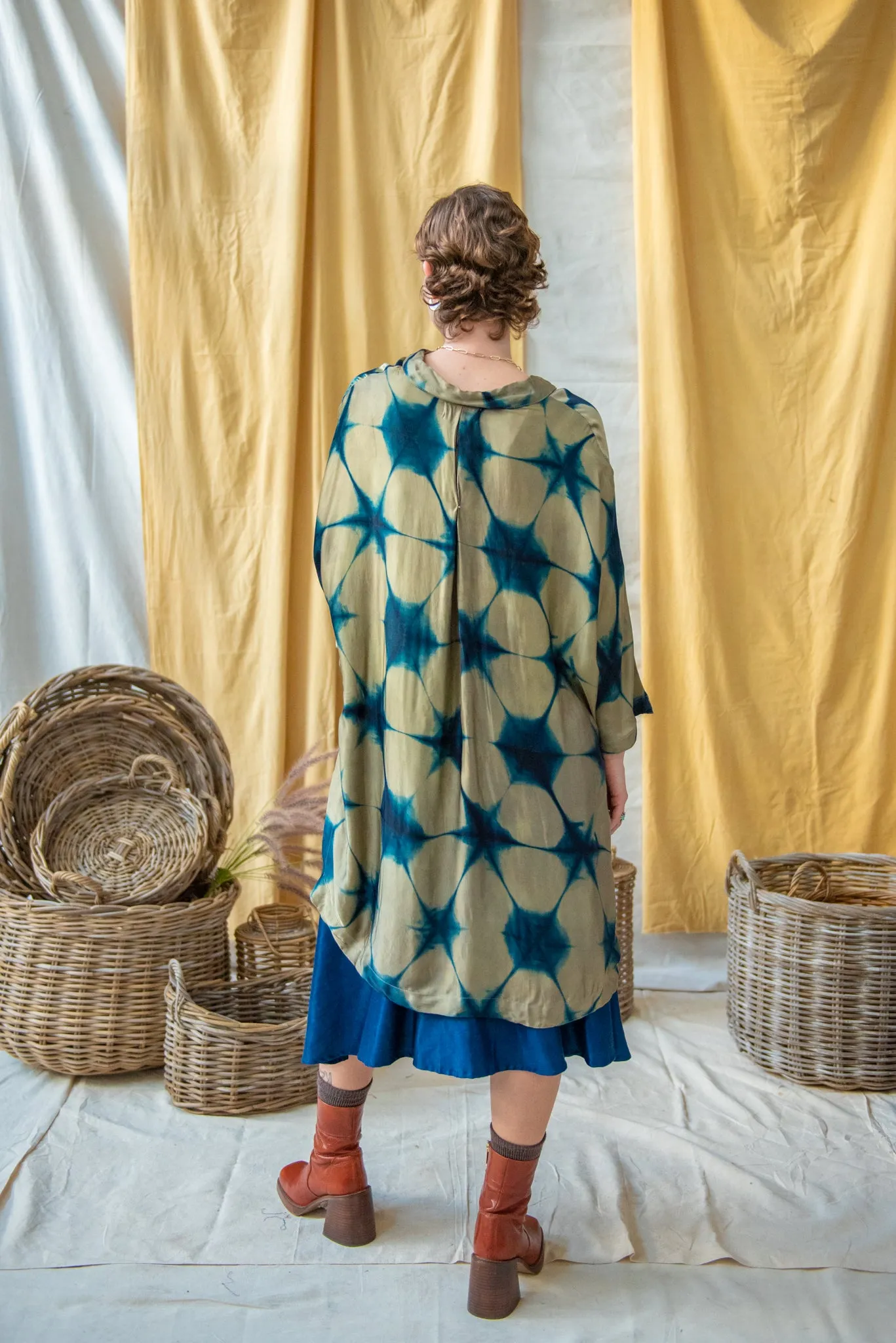 Ajrakh Clamp Dyed Modal Silk Oversized Shirt Teal and Sage Clamp Dye