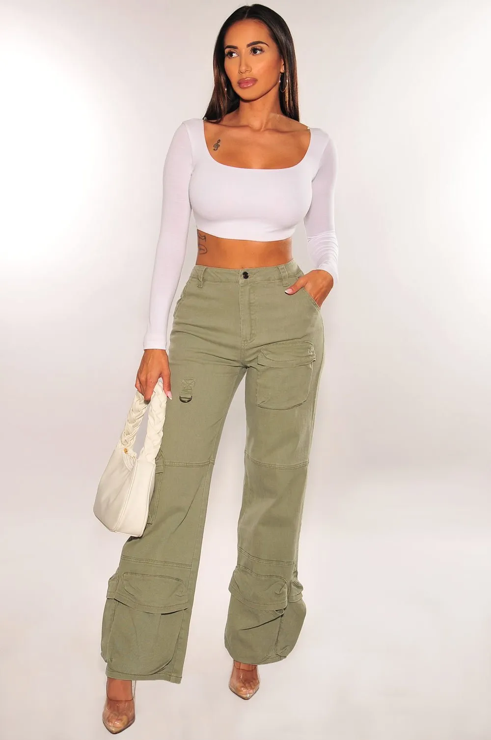 Army Green High Waist Wide Leg Cargo Jeans