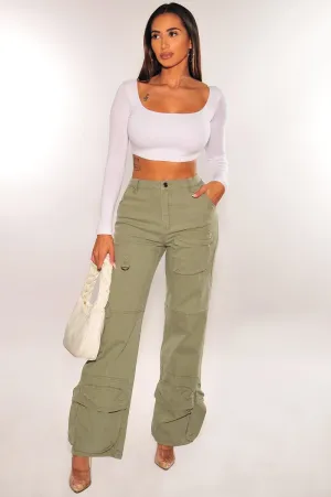 Army Green High Waist Wide Leg Cargo Jeans