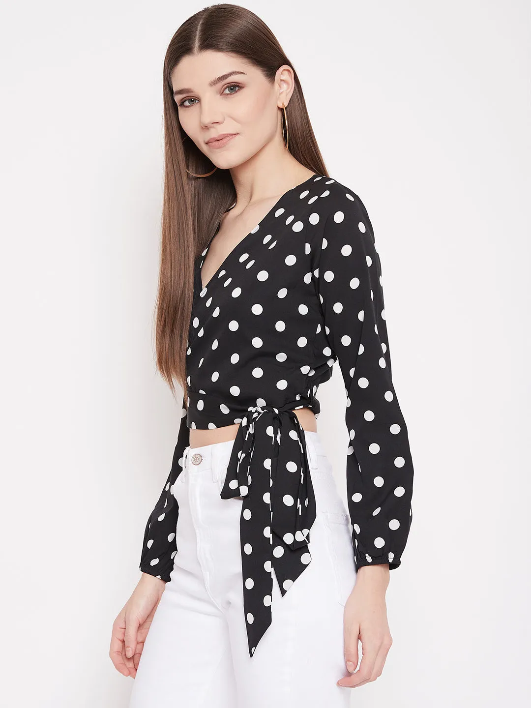 Berrylush Women Black Polka Dot Printed Wrap Tie Crop Top