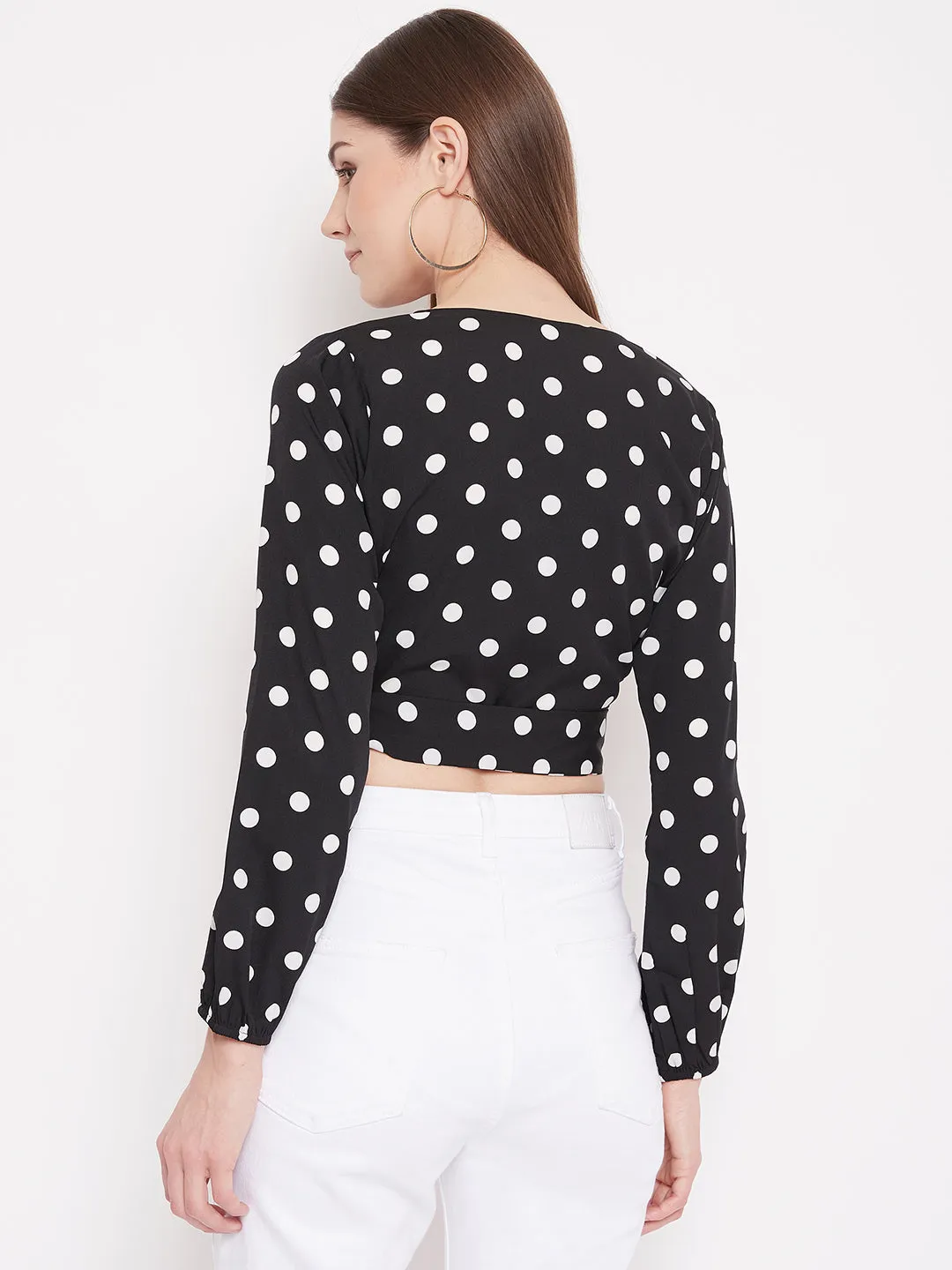 Berrylush Women Black Polka Dot Printed Wrap Tie Crop Top