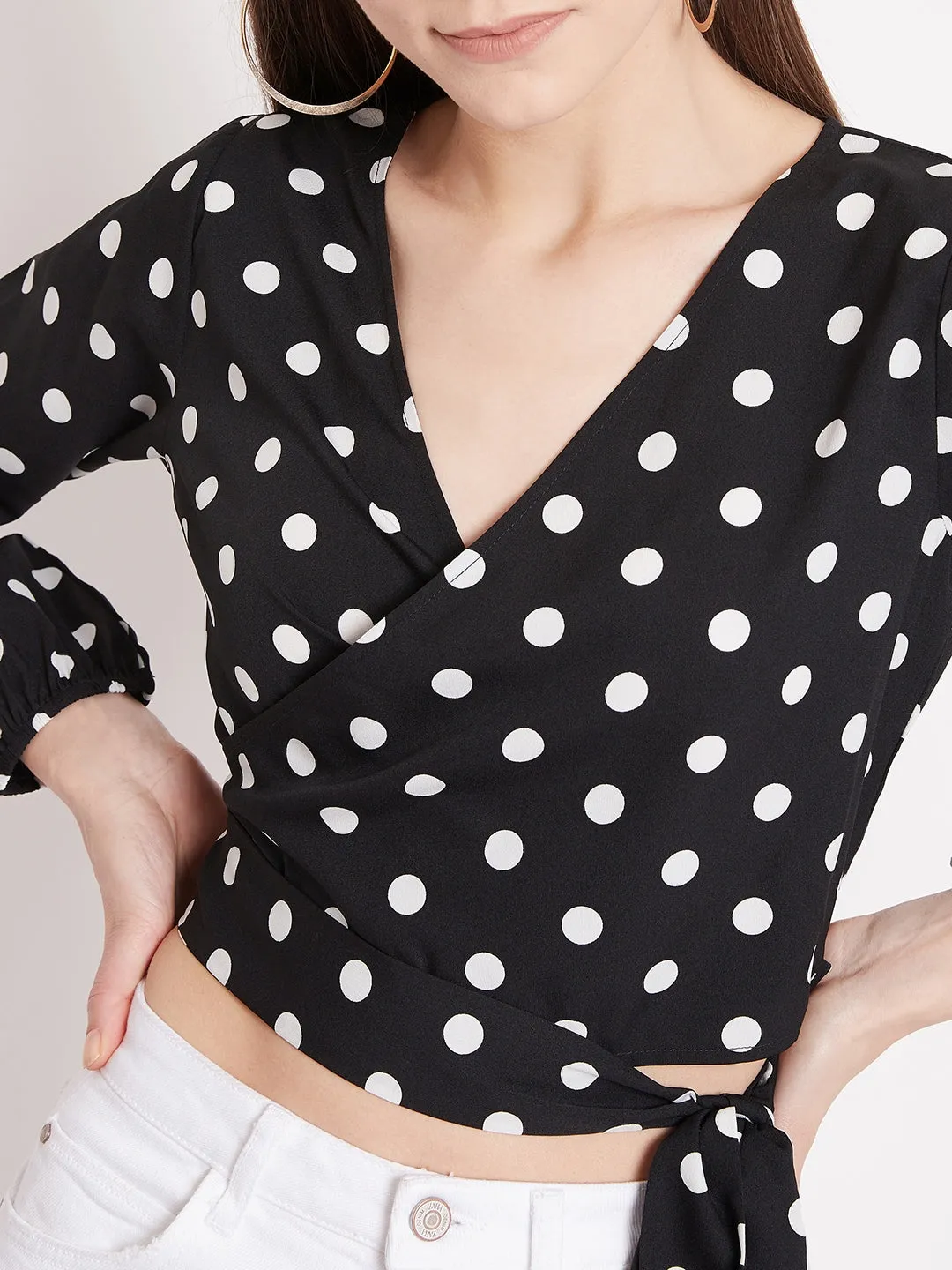 Berrylush Women Black Polka Dot Printed Wrap Tie Crop Top