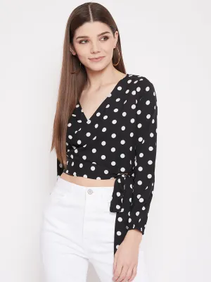 Berrylush Women Black Polka Dot Printed Wrap Tie Crop Top