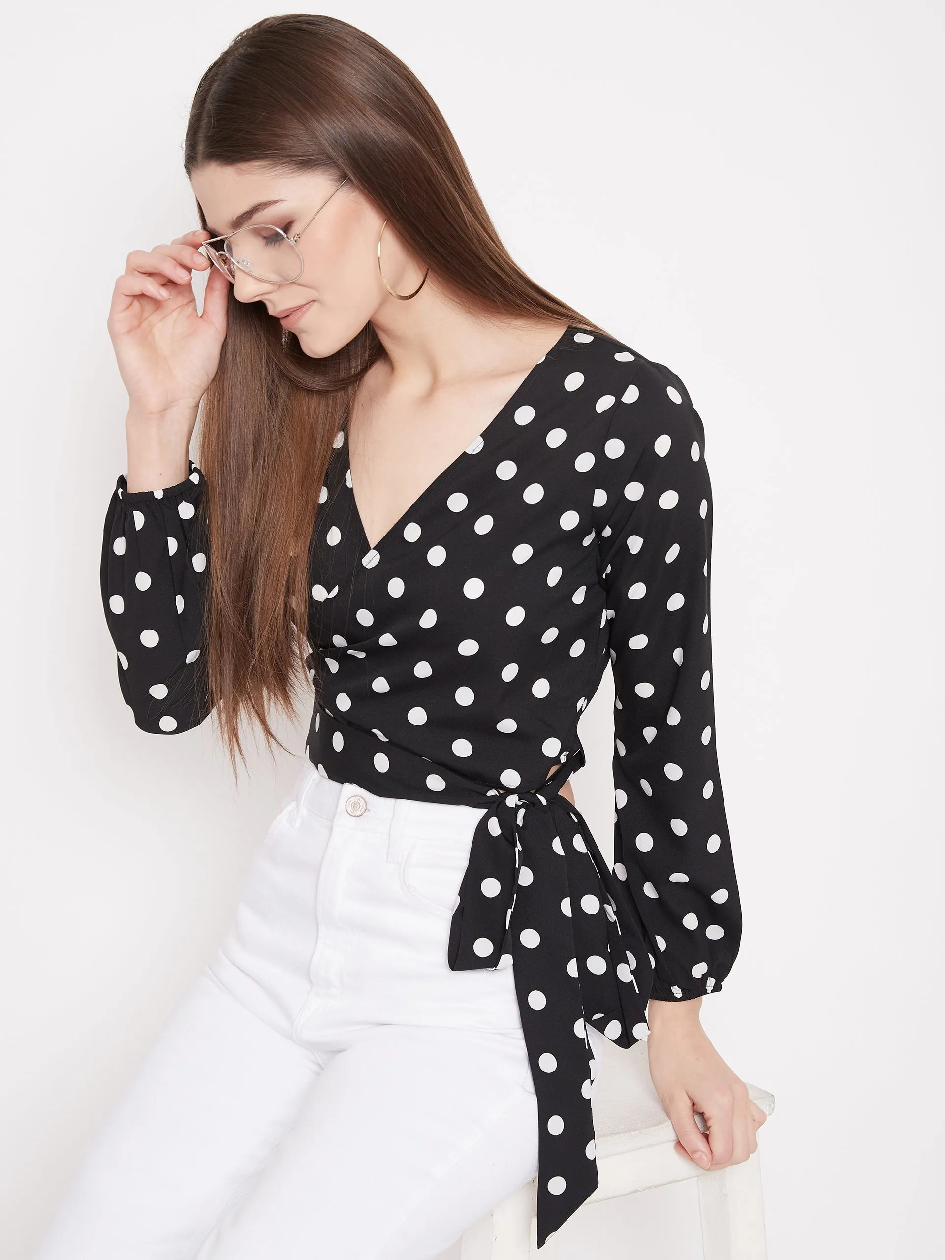 Berrylush Women Black Polka Dot Printed Wrap Tie Crop Top