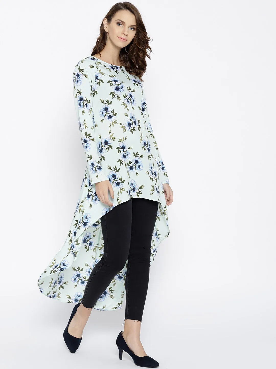 Berrylush Women Sea Green & Blue Floral Printed Round Neck High-Low Longline Top