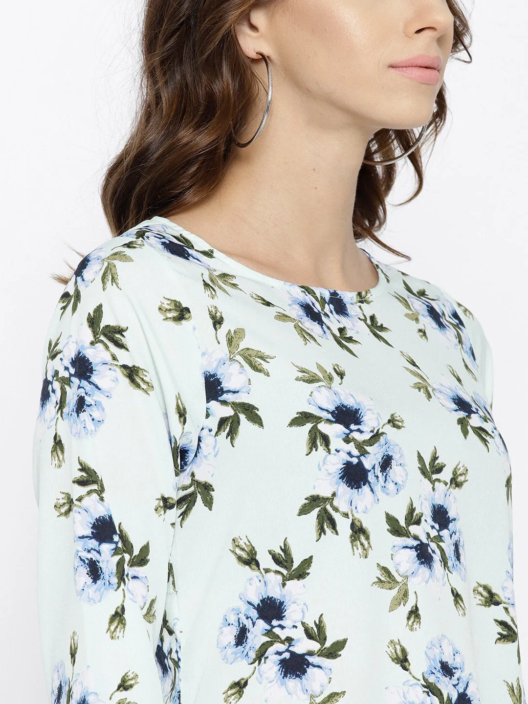 Berrylush Women Sea Green & Blue Floral Printed Round Neck High-Low Longline Top