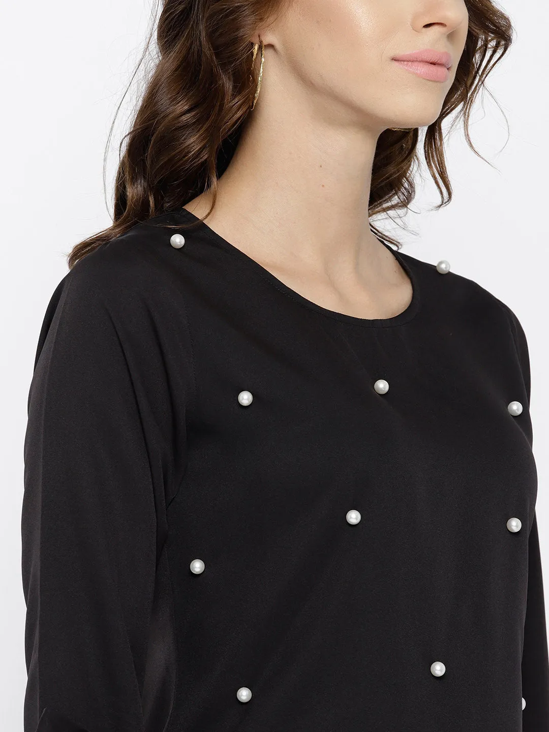 Berrylush Women Solid Black Round Neck Bell Sleeves Embellished Regular Top