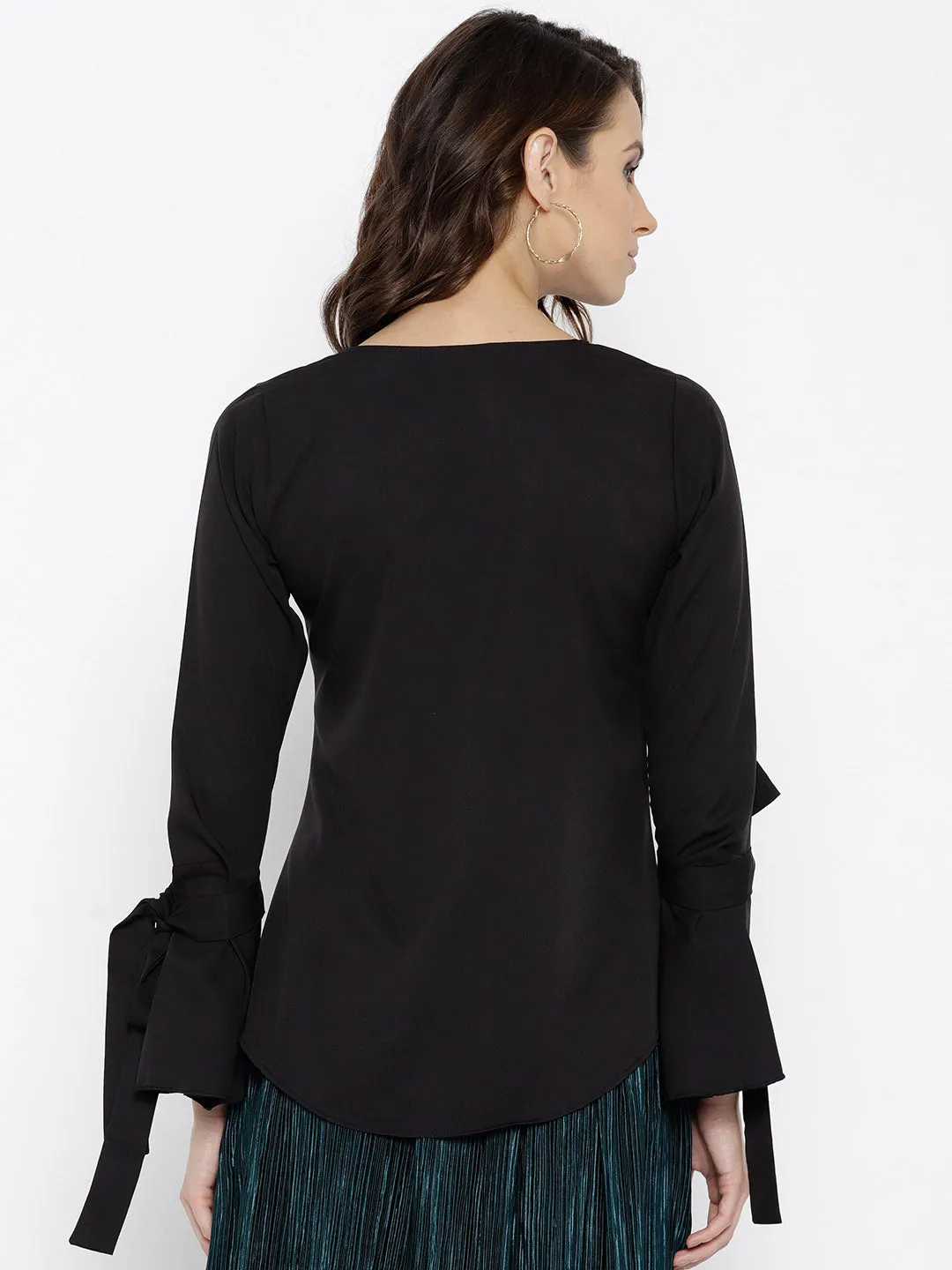 Berrylush Women Solid Black Round Neck Bell Sleeves Embellished Regular Top