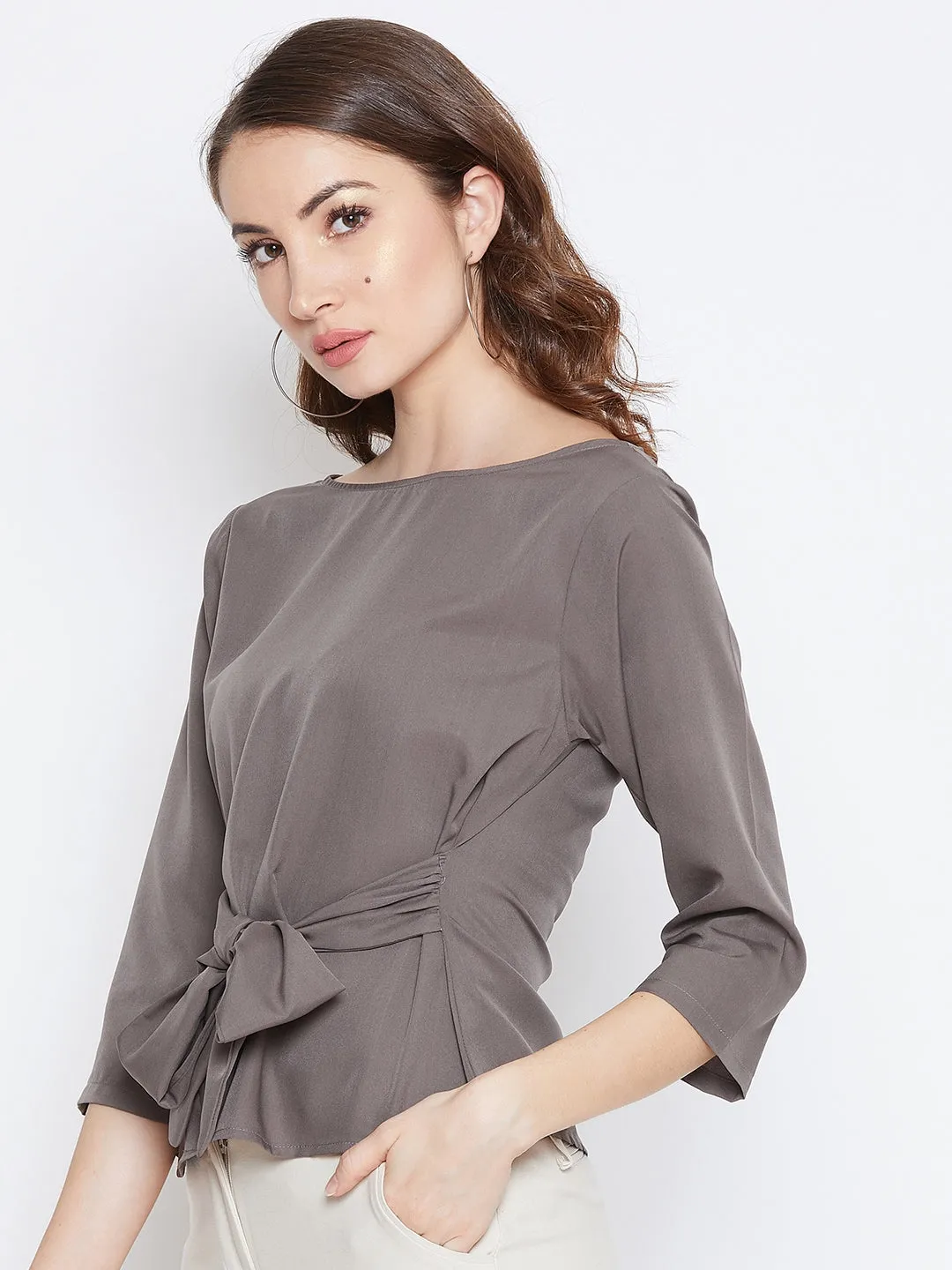 Berrylush Women Solid Grey Boat Neck Three-Quarter Sleeve Waist Tie-Up Top