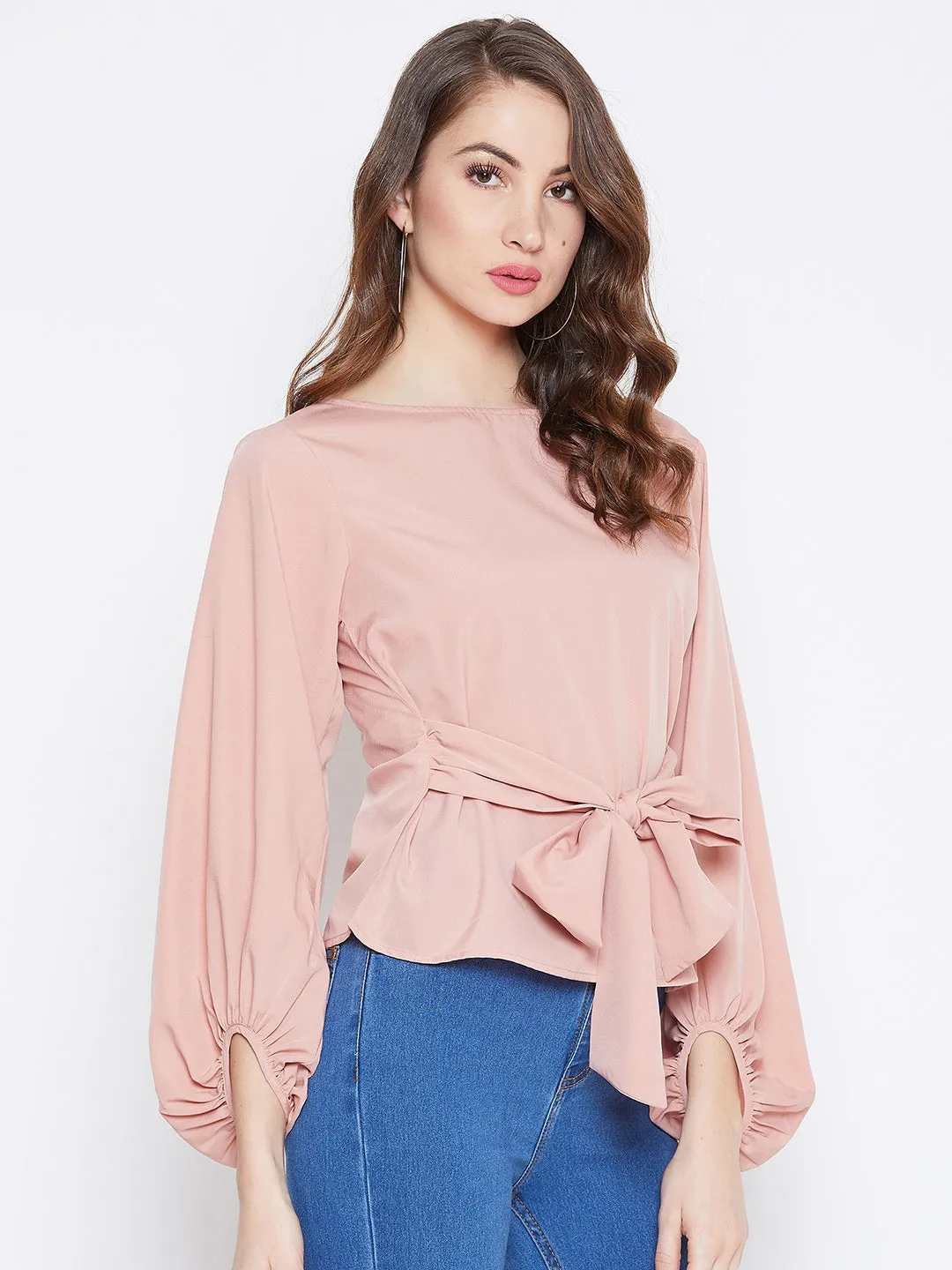 Berrylush Women Solid Peach Boat Neck Bishop Sleeve Waist Tie-Up Top