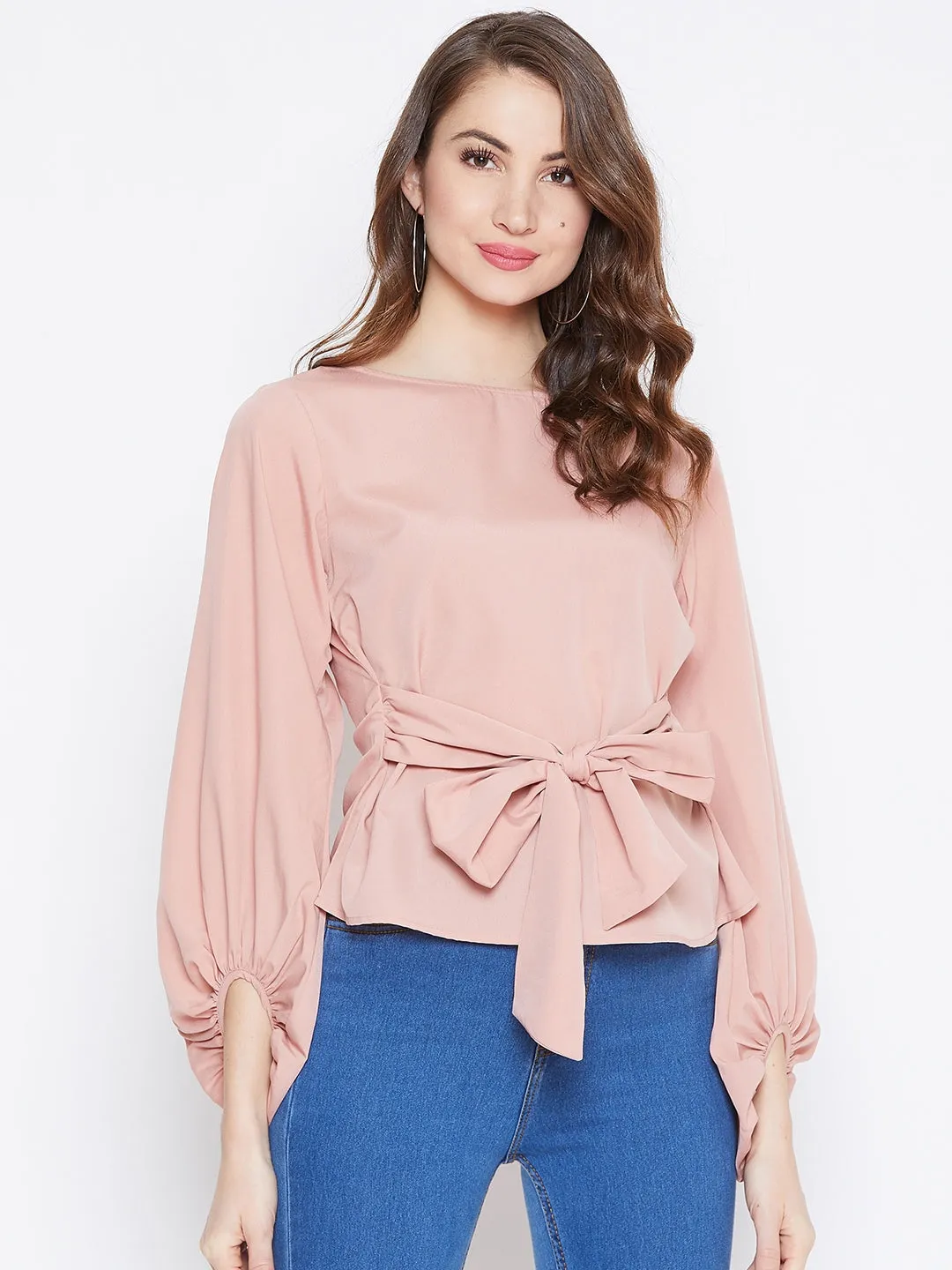 Berrylush Women Solid Peach Boat Neck Bishop Sleeve Waist Tie-Up Top