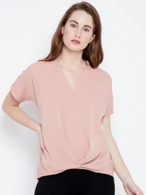 Berrylush Women Solid Pink Mandarin Collar Neck Crepe Regular Top