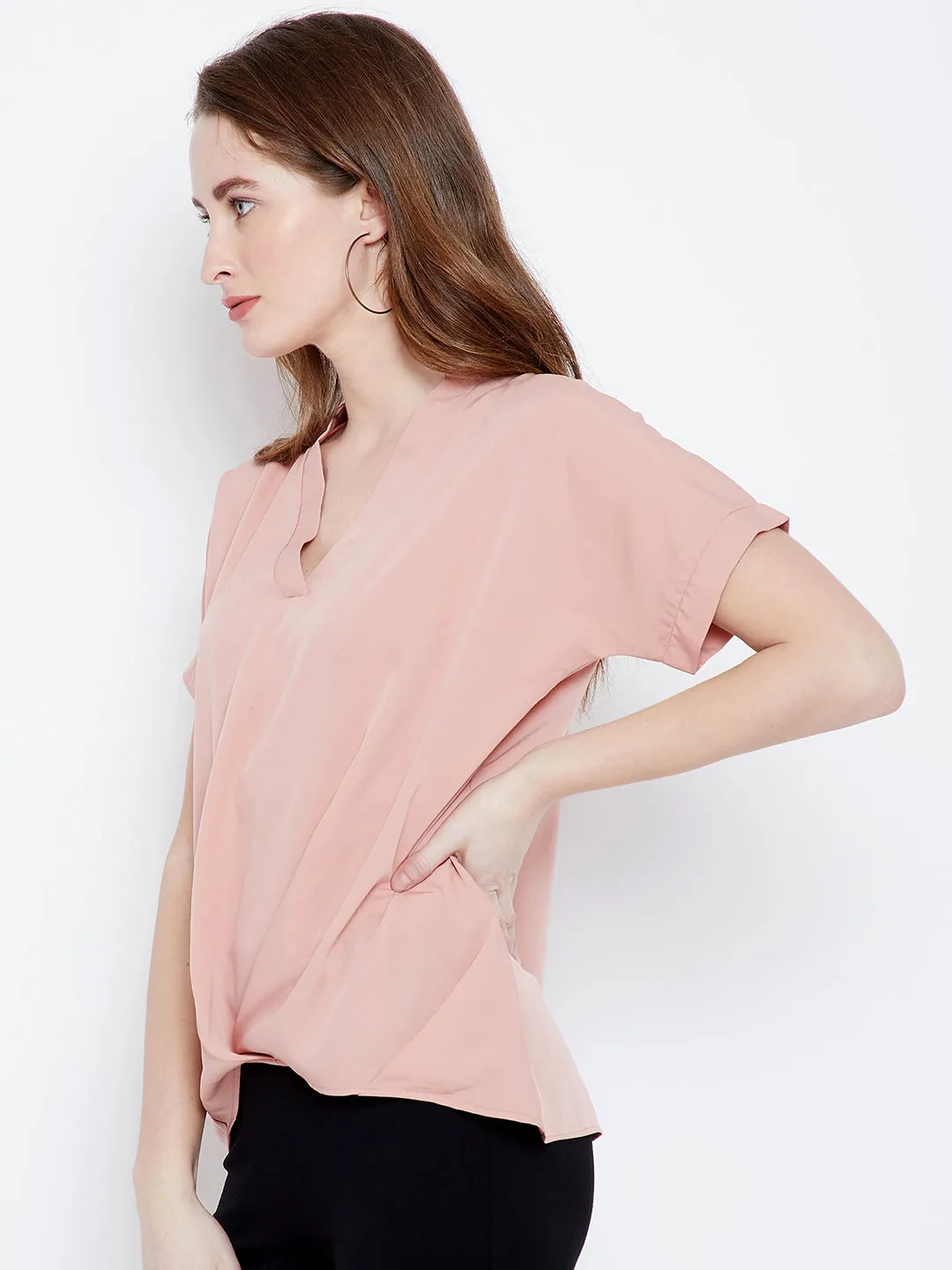 Berrylush Women Solid Pink Mandarin Collar Neck Crepe Regular Top