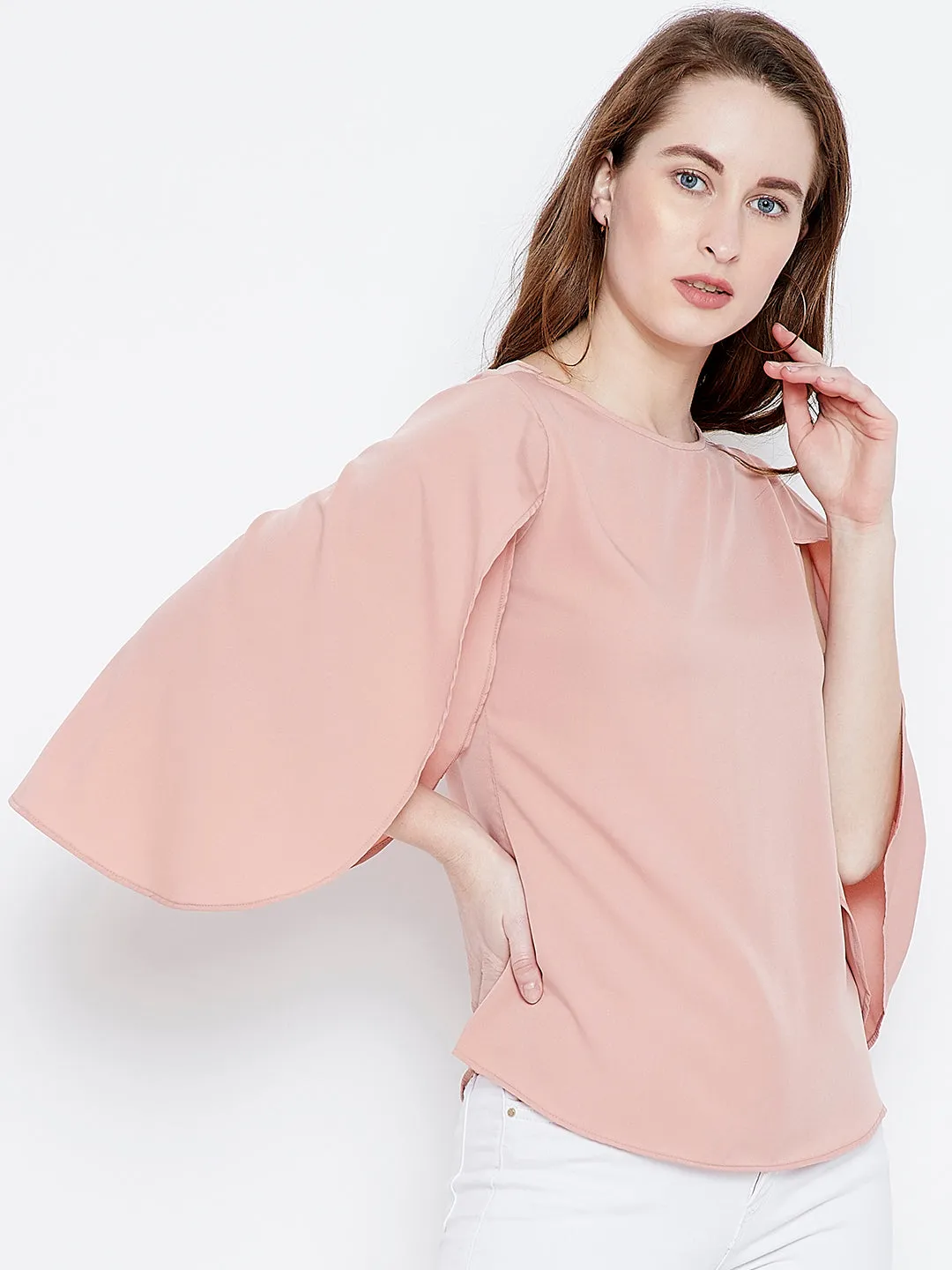 Berrylush Women Solid Pink Round Neck Open-Flared Sleeves Crepe Regular Top