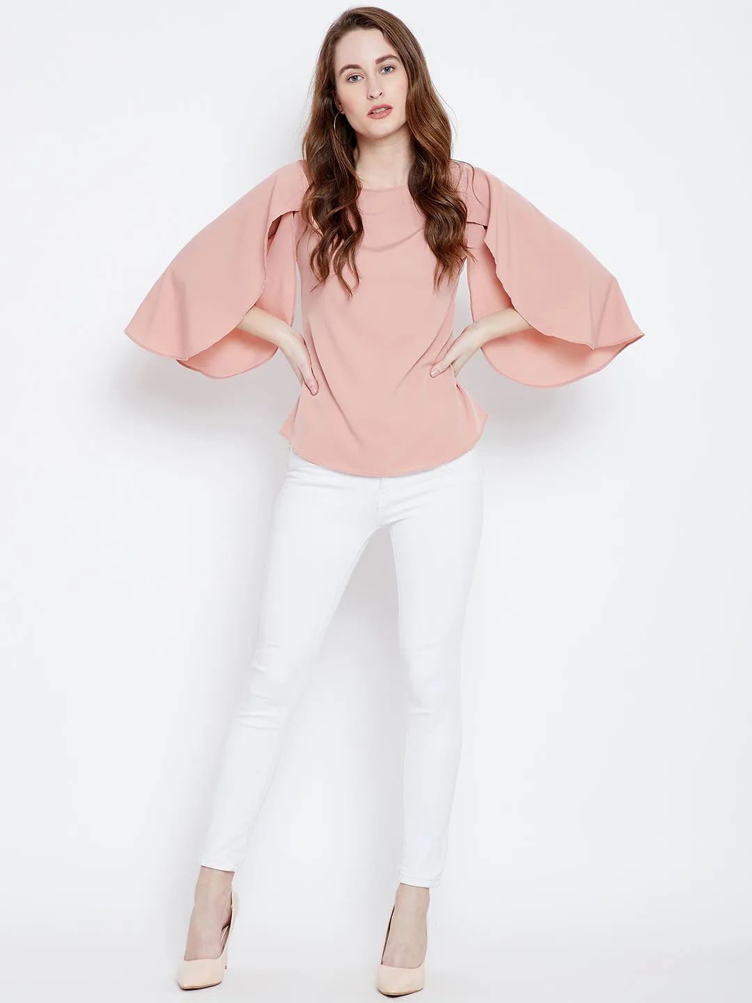 Berrylush Women Solid Pink Round Neck Open-Flared Sleeves Crepe Regular Top