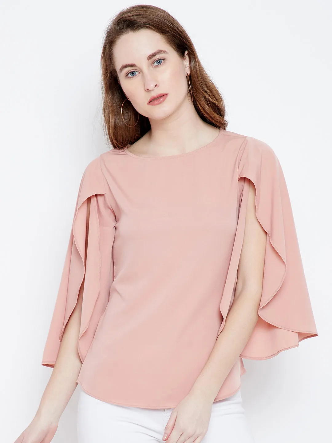 Berrylush Women Solid Pink Round Neck Open-Flared Sleeves Crepe Regular Top