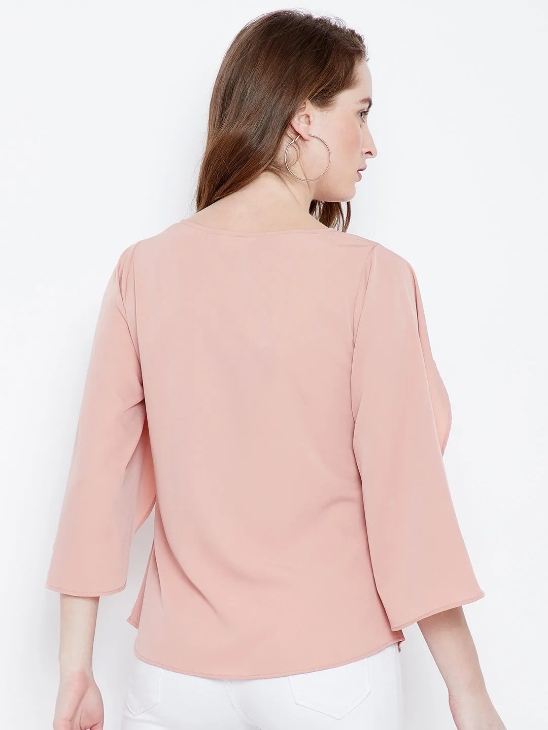 Berrylush Women Solid Pink Round Neck Open-Flared Sleeves Crepe Regular Top