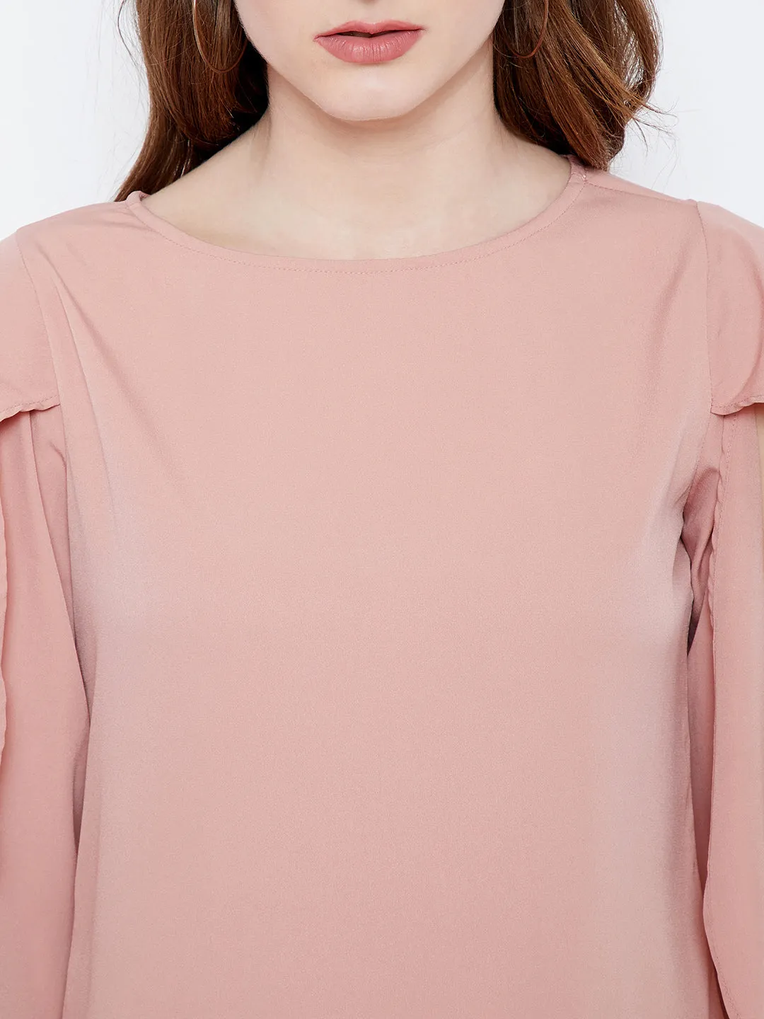 Berrylush Women Solid Pink Round Neck Open-Flared Sleeves Crepe Regular Top