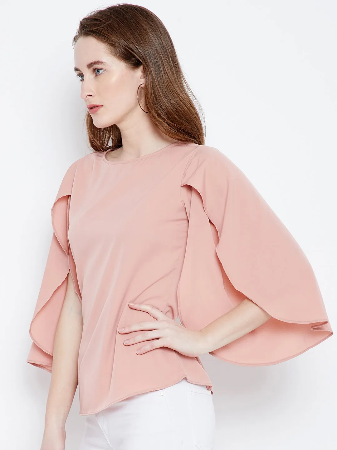 Berrylush Women Solid Pink Round Neck Open-Flared Sleeves Crepe Regular Top