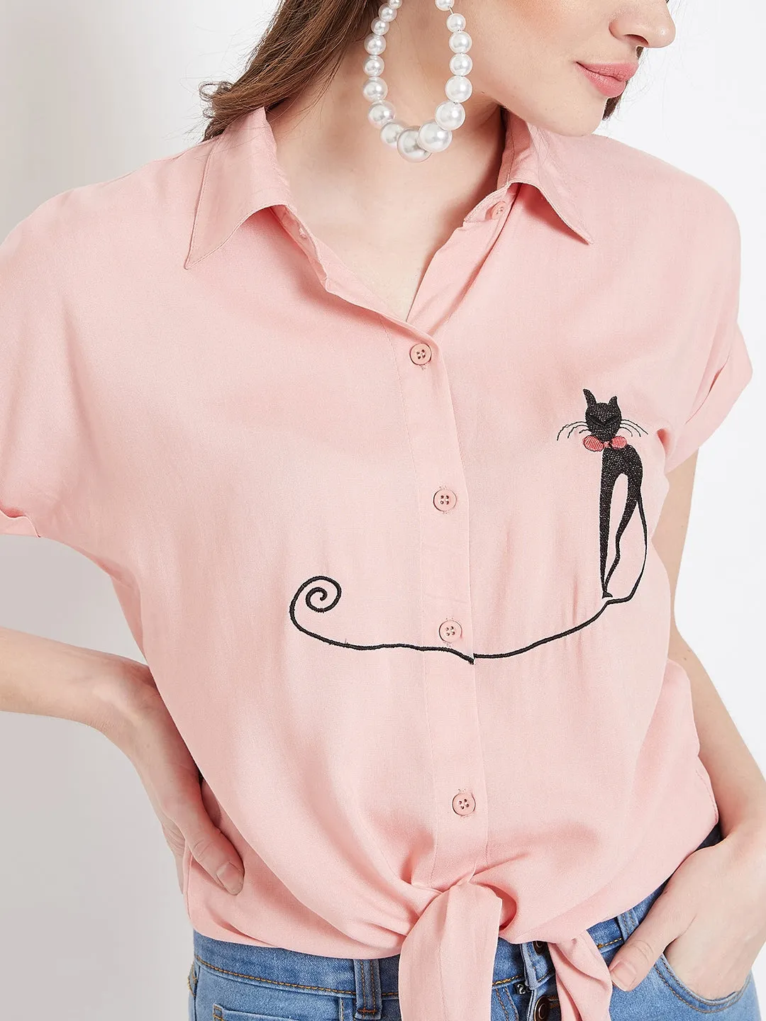 Berrylush Women Solid Pink Spread Collar Embroidered Button-Up Curved Hem Shirt