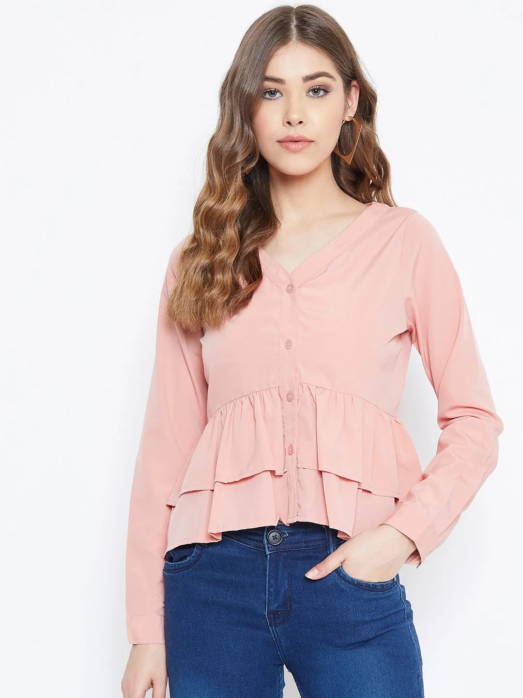 Berrylush Women Solid Pink V-Neck Tiered Peplum Top