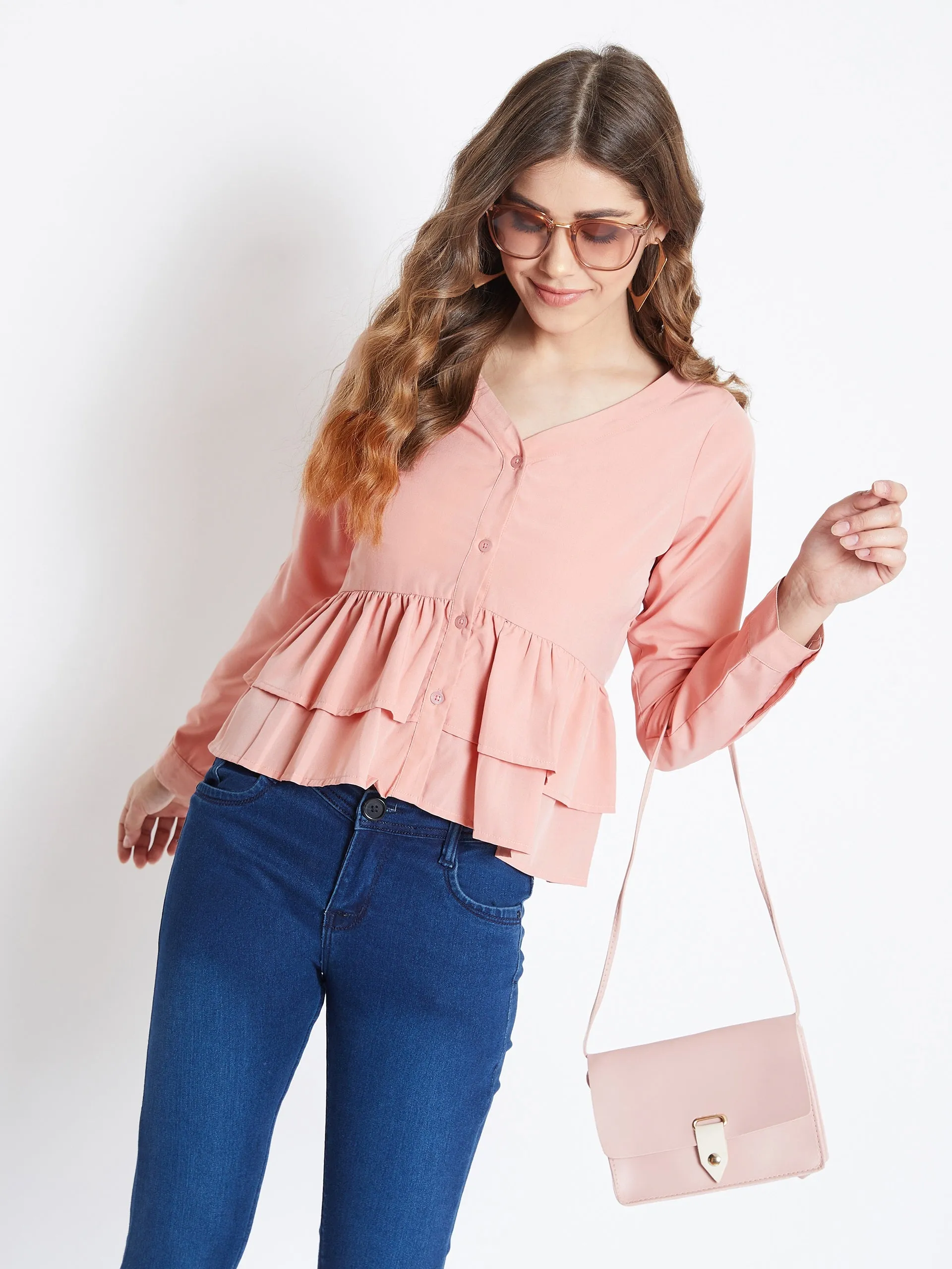 Berrylush Women Solid Pink V-Neck Tiered Peplum Top