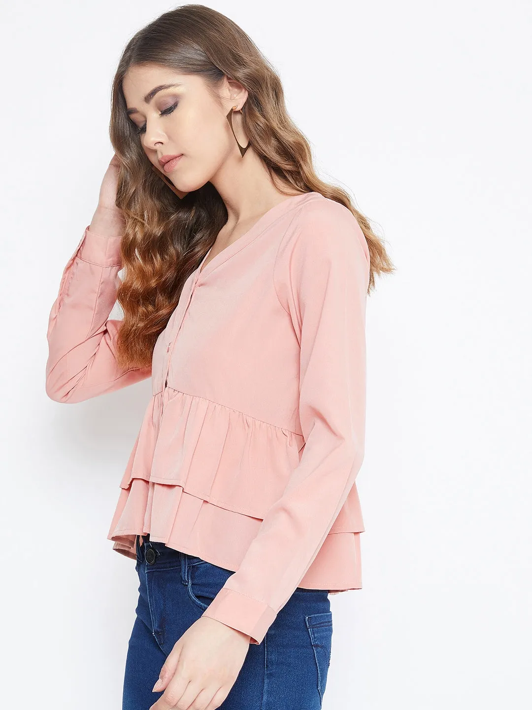 Berrylush Women Solid Pink V-Neck Tiered Peplum Top