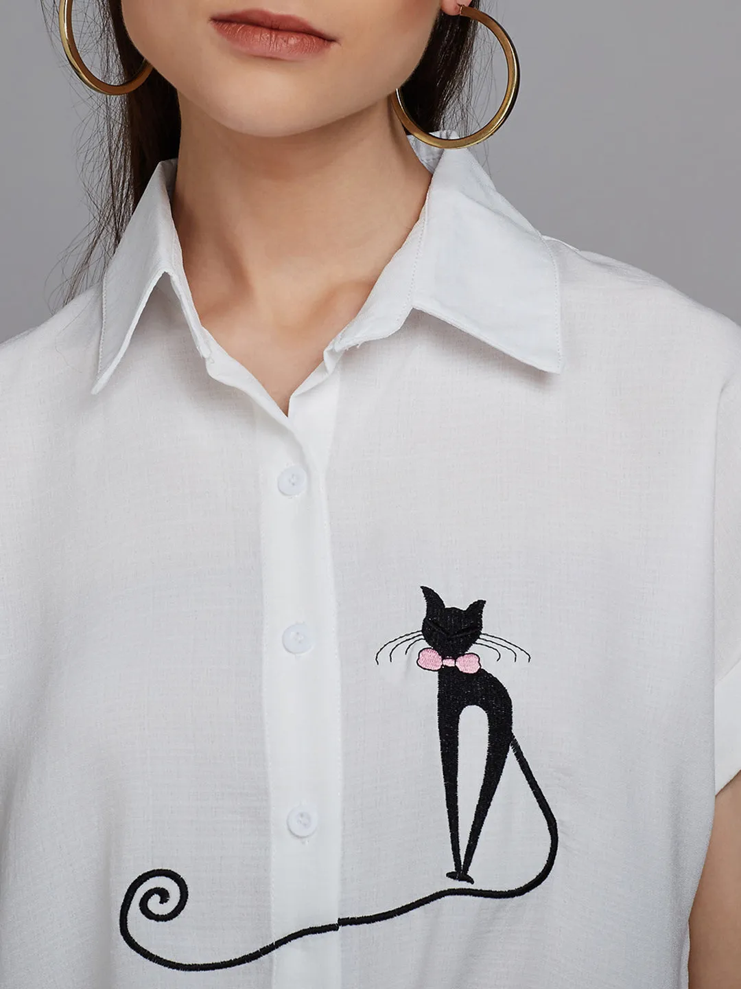 Berrylush Women Solid White Spread Collar Neck Cat Embroidered Waist Tie-Up Regular Shirt