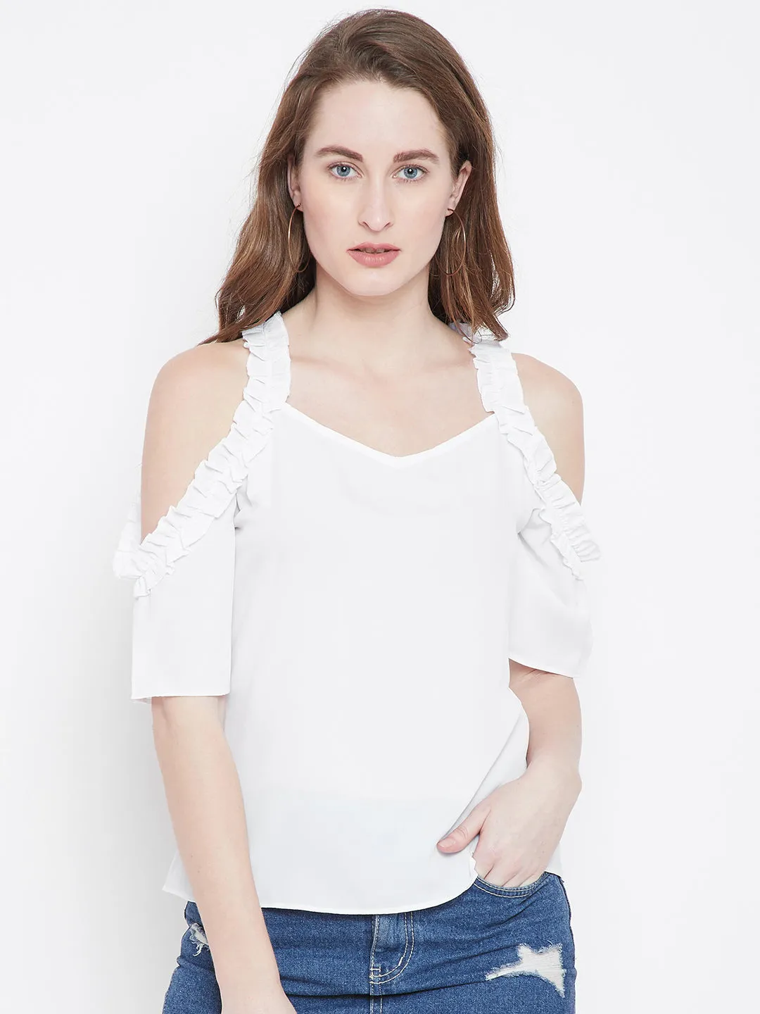 Berrylush Women Solid White V-Neck Cold-Shoulder Sleeves Pleated A-Line Regular Top