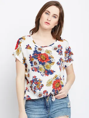 Berrylush Women White & Red Floral Printed Round Neck Waist Tie-Up Regular Top