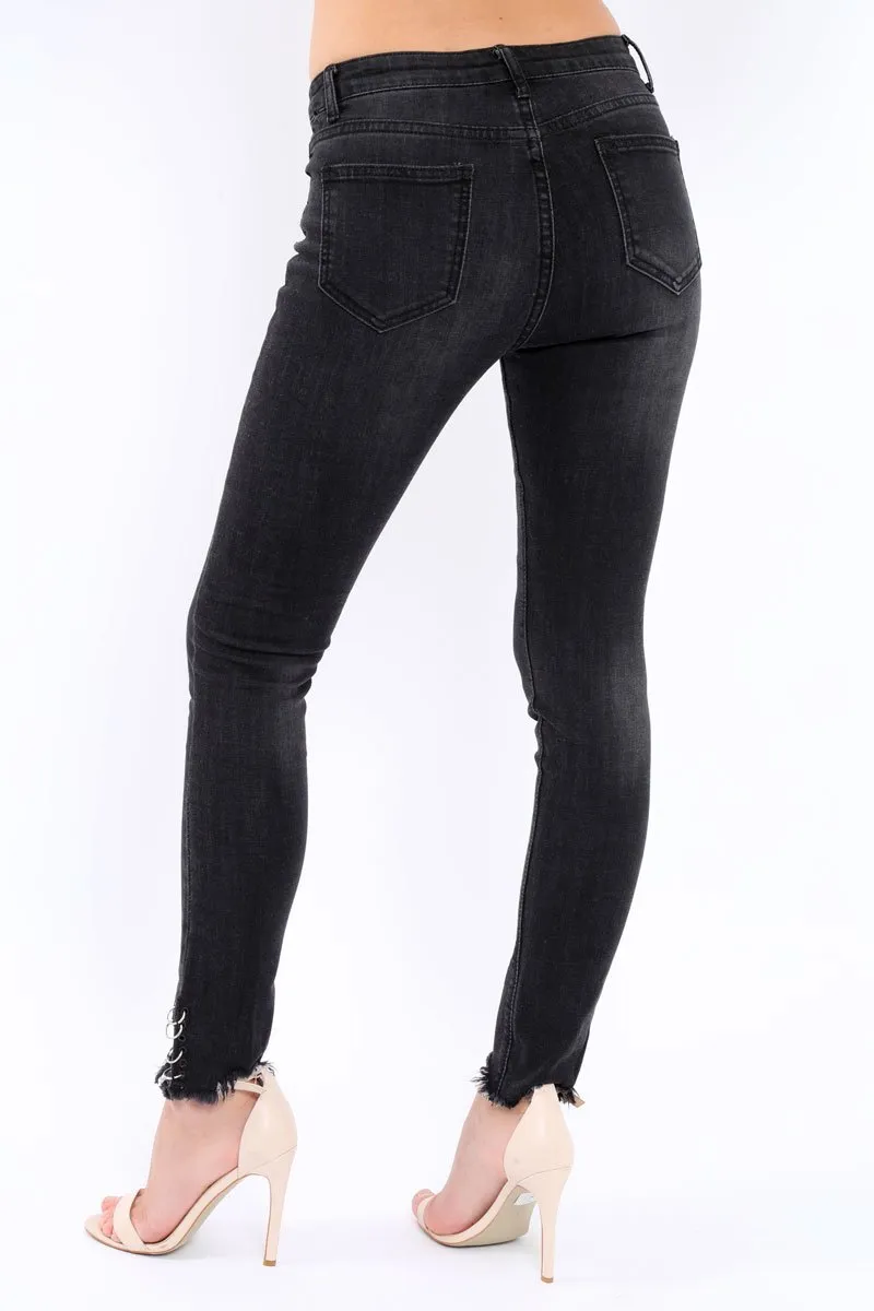 Black Denim Skinny Jeans with Frayed Eyelet Hems - Dani