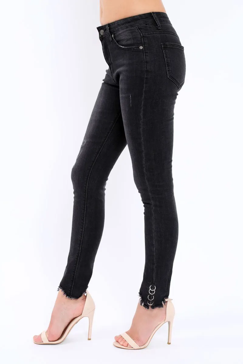 Black Denim Skinny Jeans with Frayed Eyelet Hems - Dani