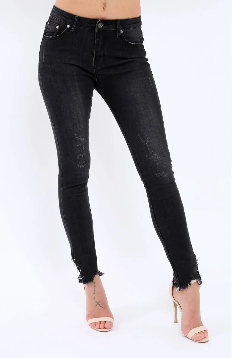 Black Denim Skinny Jeans with Frayed Eyelet Hems - Dani