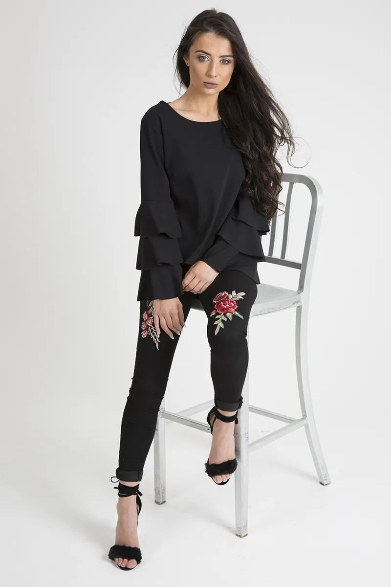 Black High Rise Embroidered Skinny Jeans - Lorna