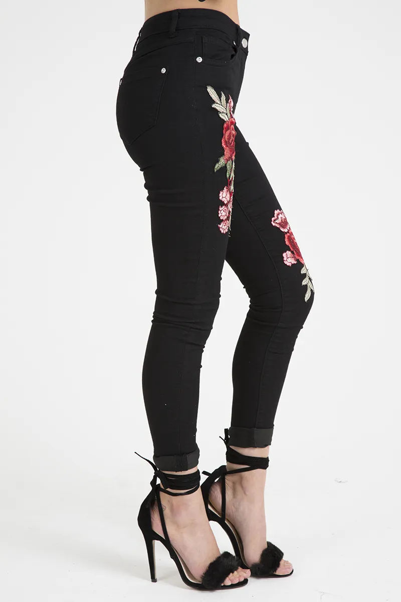 Black High Rise Embroidered Skinny Jeans - Lorna