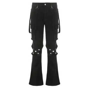 Black Strap-Detail Cargo Flare Pants