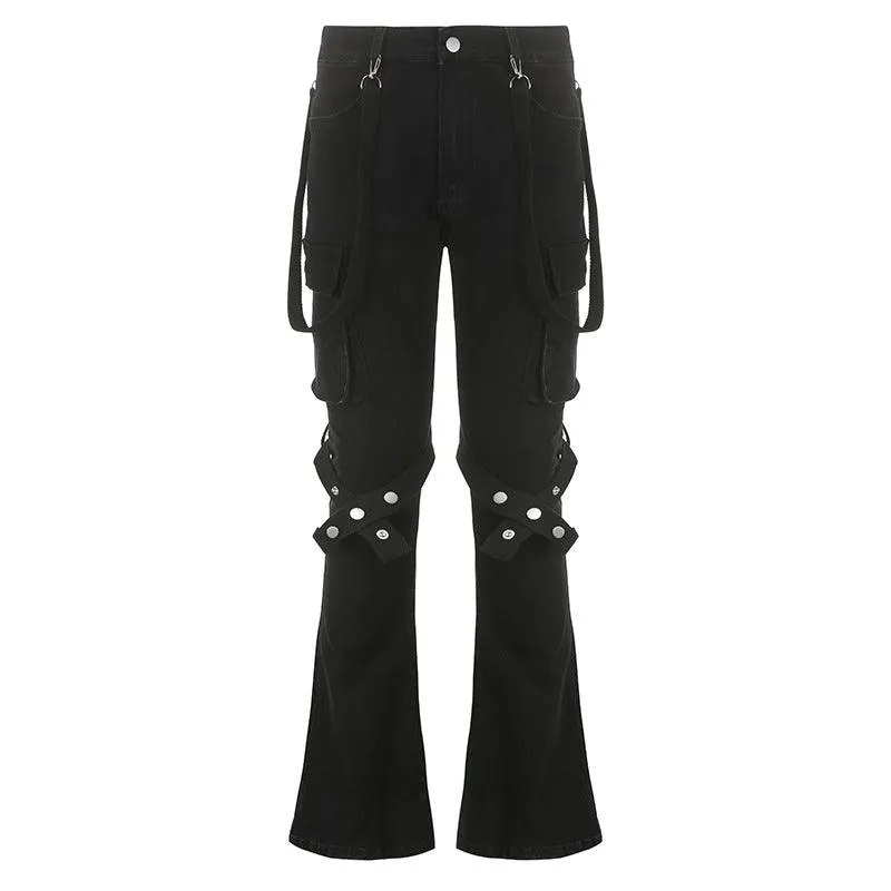 Black Strap-Detail Cargo Flare Pants