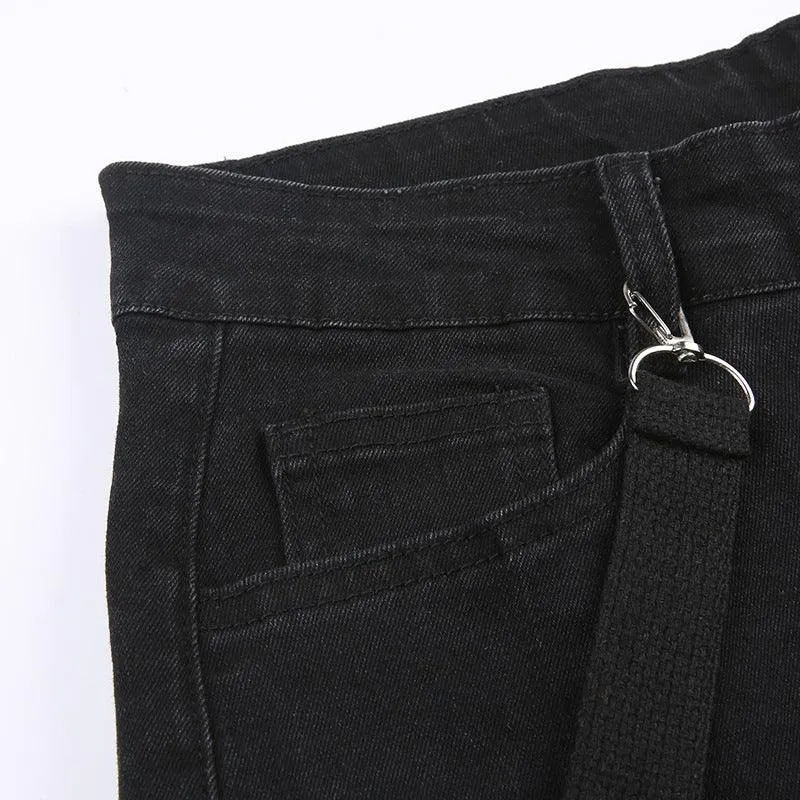 Black Strap-Detail Cargo Flare Pants